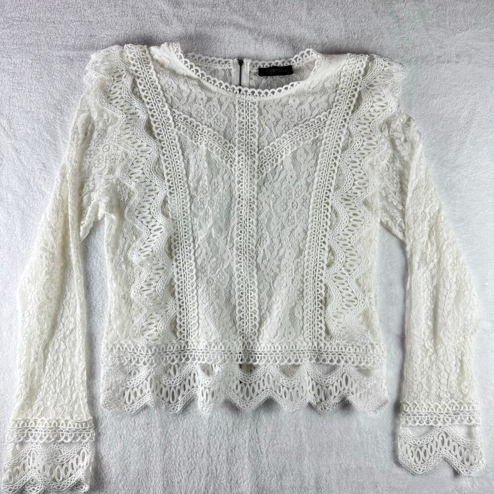 Camisa White Lace Crochet Long Sleeve Blouse Women XL Boho Cottagecore Sheer Top